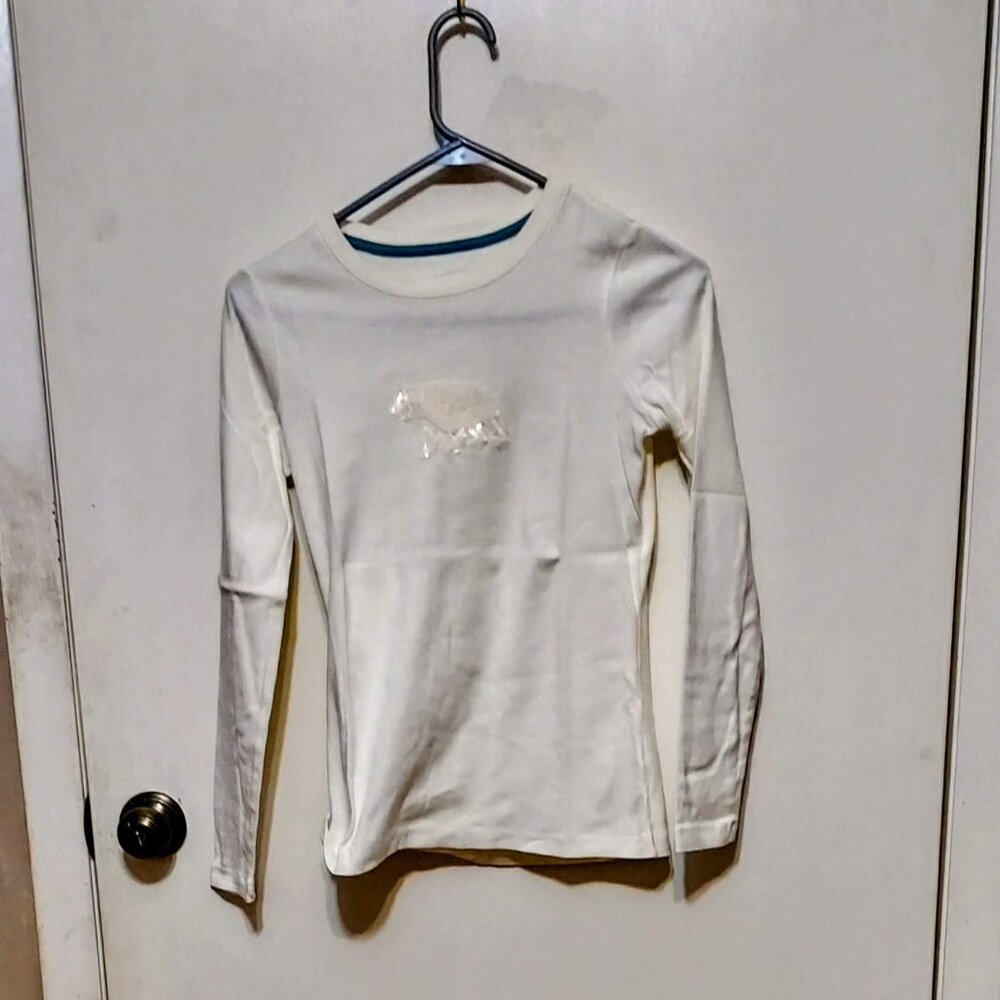 Lands End Very White Sparkle Womans Soft T Shirt Sz SX/P  Bear Image Long Sleeve